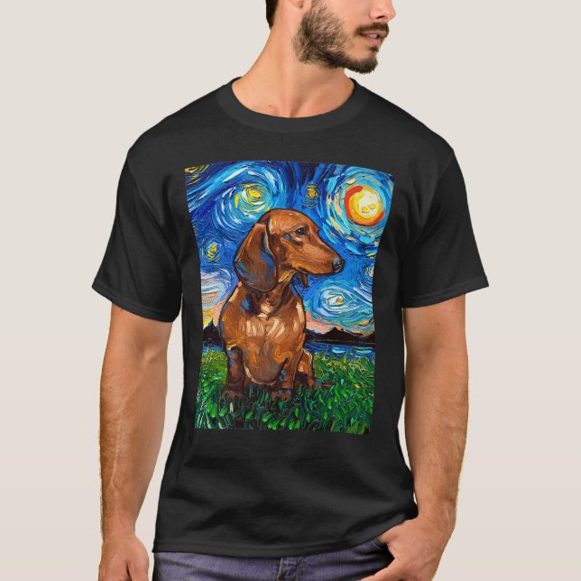 Brunn Kort Hair Dachshund Doxie Starry Natt Hund  T Shirt (Framsida)