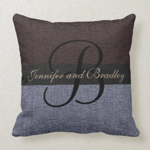 Brunn och Grått Elegant Monogram Bröllop Kudde