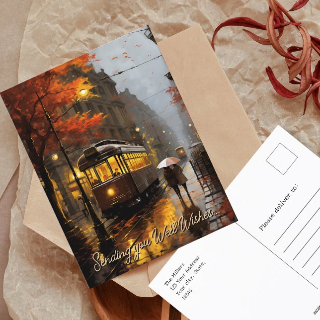 Brunn Önskemål rainy Fall Tram i Lissabon, Portuga Vykort (Well Wishes rainy Fall Tram in Lisbon, Portugal Postcard)