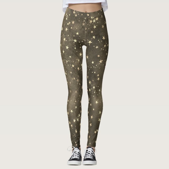 Brunnatten himmel celestial guld stjärna mönster leggings (Framsida)