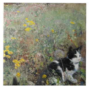 Bruno Liljefors - Cat on Flowerbed Kakelplatta