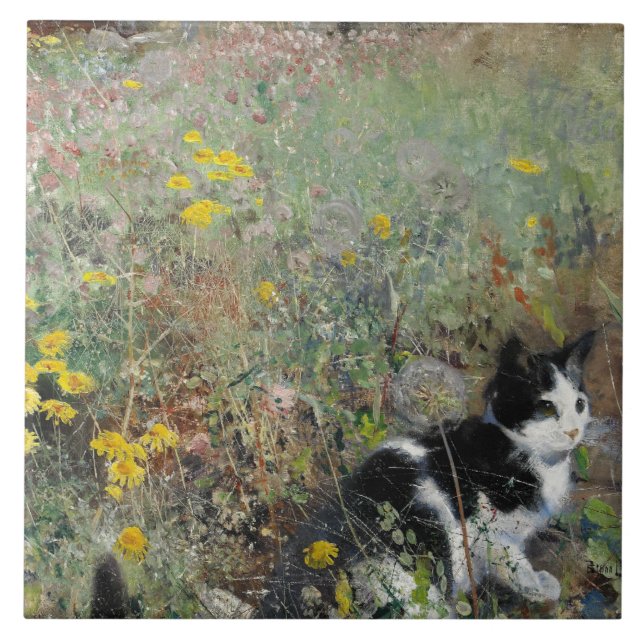 Bruno Liljefors - Cat on Flowerbed Kakelplatta (Framsidan)