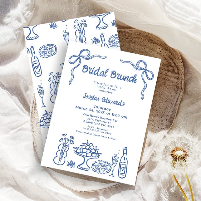 Brunschdusch för den vita Möhippan Hand plockade Inbjudningar (Whimsical Blue Hand Drawn Bridal Brunch Bridal Shower Invitation, Doodle, Line Drawing
Food Drink )