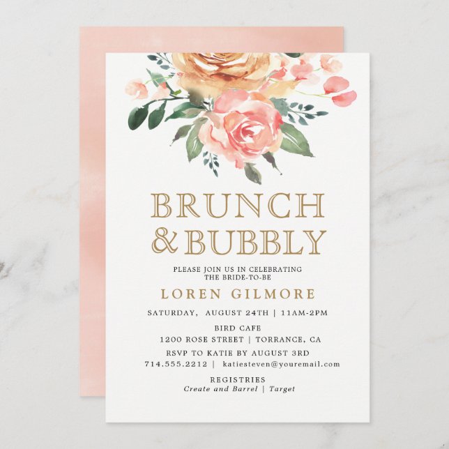 Brunschdusch för guld Peach Blommigt Möhippa Brunc Inbjudningar (Fram/baksida)