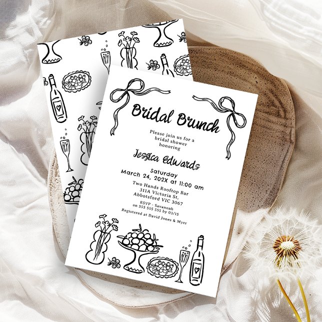 Brunschdusch för svartvit Möhippa i Hand plockade Inbjudningar (Whimsical Black Bridal Brunch Bridal Shower Invitation, Pattern Back, Doodle, Food Drink Hand Drawn )