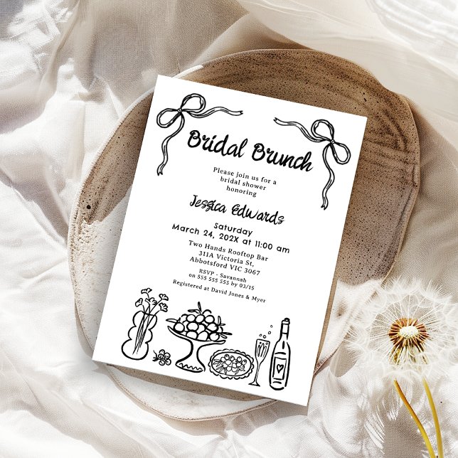 Brunschdusch för svartvit Möhippa i Hand plockade Inbjudningar (Whimsical Black Hand Drawn Bridal Brunch Bridal Shower Invitation, Bows Scribble Doodle Drawn)