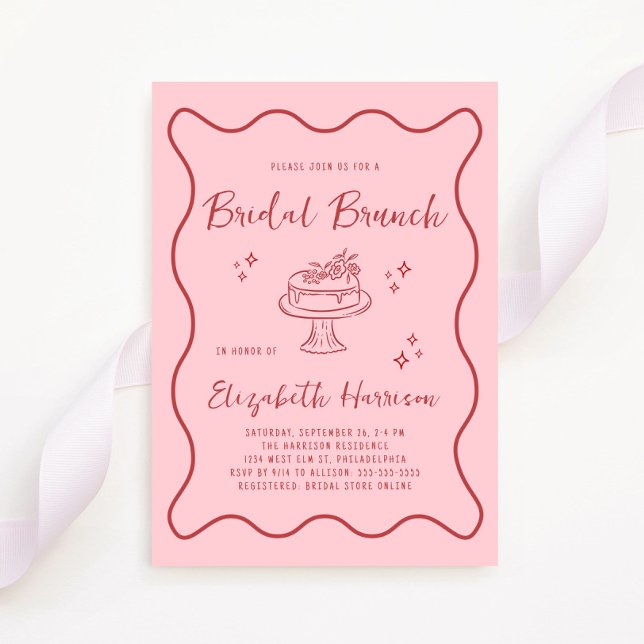 Brunschdusch för trendig Rosa Red Vågigt Ram Möhip Inbjudningar (Whimsical pink + red bridal brunch shower invitation to set the tone for an unforgettable event)