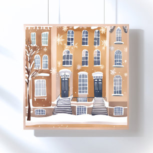 Brunstenshus Snöig gatumiljö i akvarell Poster