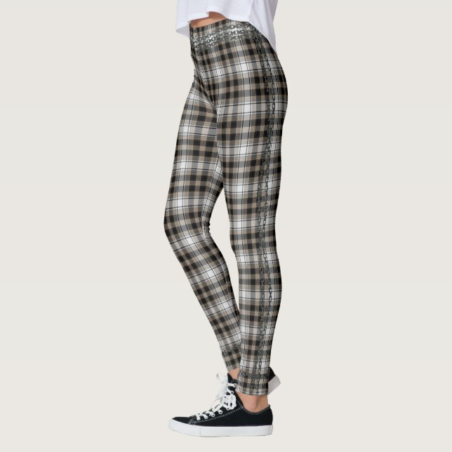 Brunsvart vit Tartan Plaid Chain Trim Leggings (Vänster)