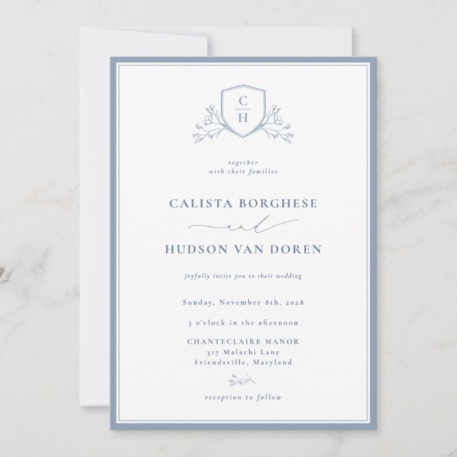 BRUNSWICK Floral Monogram Wedding Crest Invitation Inbjudningar (Framsida)