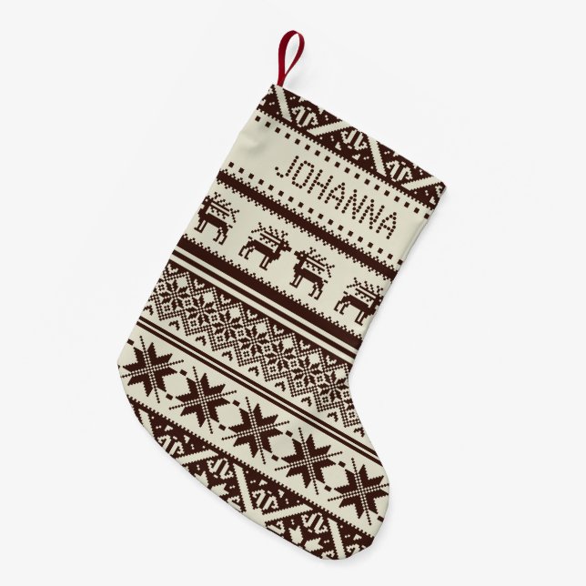 Brunt & beige ful jultröja - ditt namn liten julstrumpa (Framsidan (Hängande))