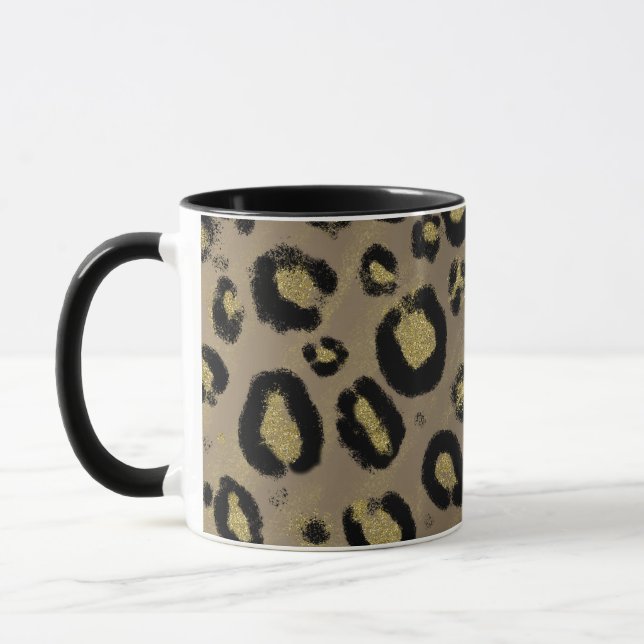 Brunt Guld Glitter & Svart Leopard Cheetah Tryck Mugg (Vänster)