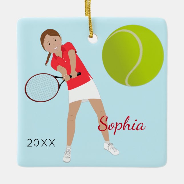 Brunt hår flätar tennisspelareminnessaken julgransprydnad keramik (Framsida)