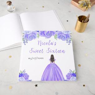 Brunt hår prinsessa lila Sweet 16 gästbok