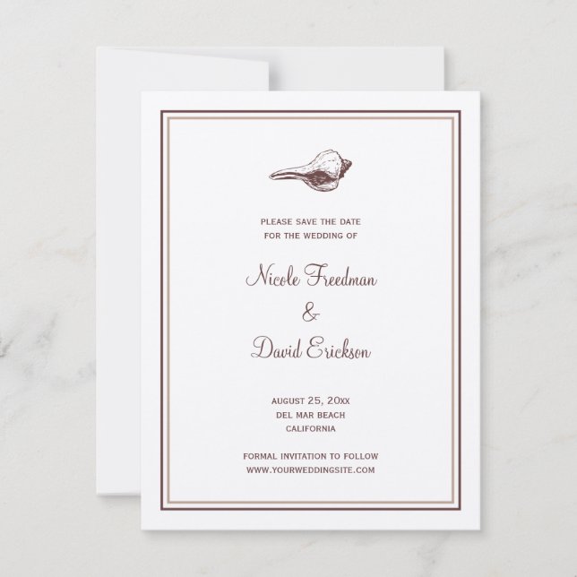 Brunt havsskal bröllops tillkännagivande spara dat (Framsida)