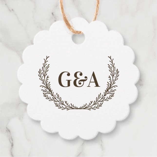 Brunt Initialt Par & Kvistar Bröllopsmonogram Gåvor Etiketter (Framsida)