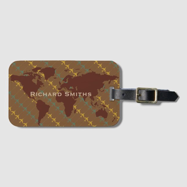 Brunt karta i världen, personlig för flygplansreso bagagebricka (Framsida horisontal)
