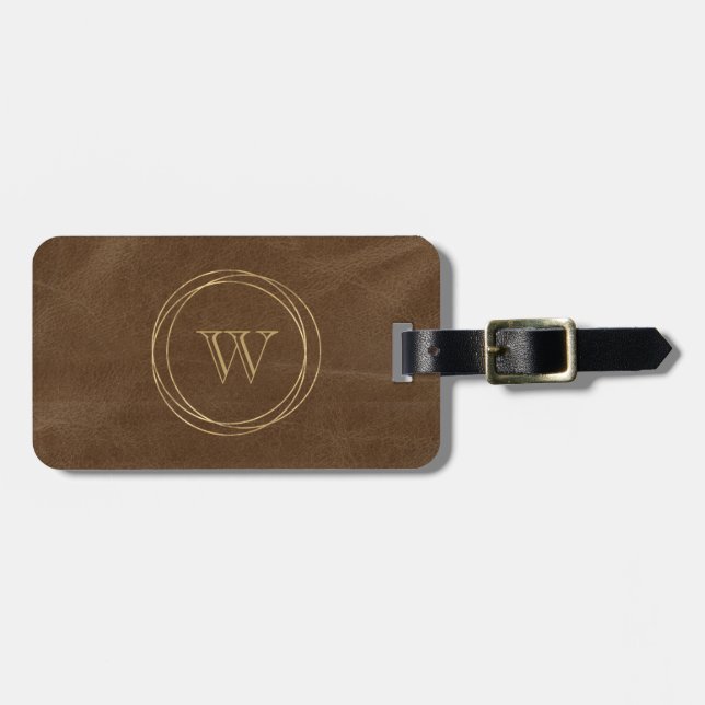 Brunt konstläder Guldcirklar Monogram Bagagebricka (Horisontell Framsida)