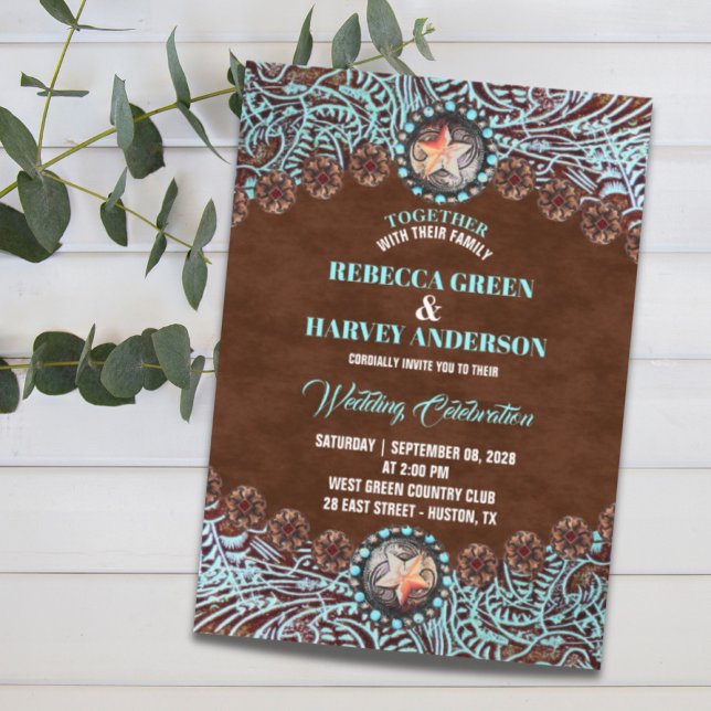 Brunt läder land westerna bröllop inbjudningar (turquoise brown leather country western wedding invitation)
