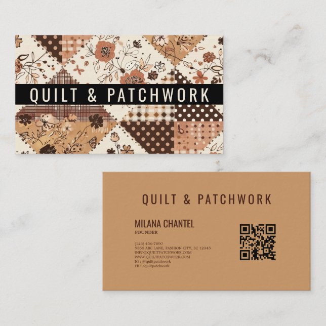 Brunt lapptäcke handgjorda kläder patchwork  visitkort (Fram/baksida)
