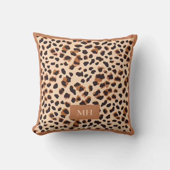 Brunt Leopardsmönster Moderna Initialer Monogram Kudde (Framsida)