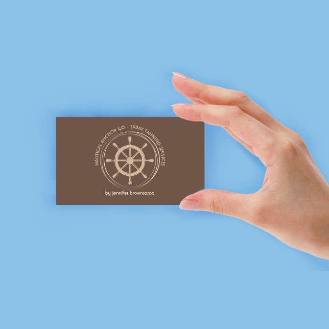 Brunt nautiskt skeppsratt visitkort (Brown Nautical Ship Wheel Business Card)