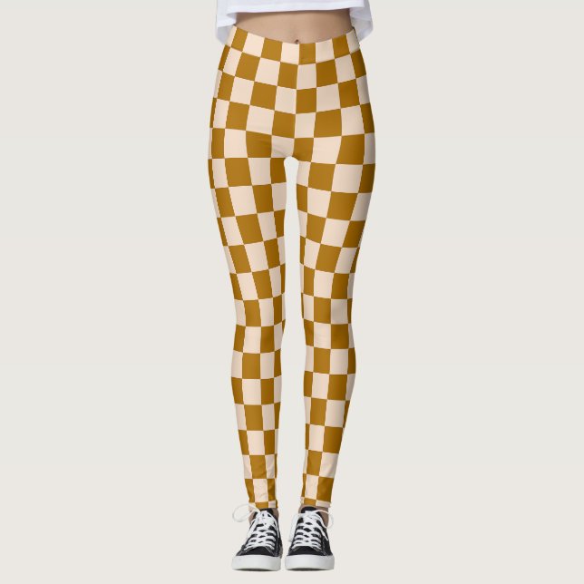 Brunt och beige schackbrädemönster leggings (Framsida)