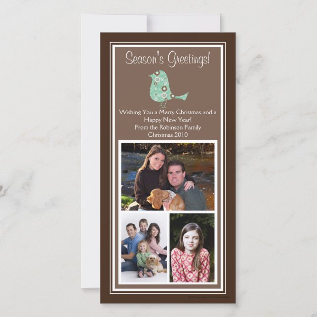 Brunt och blå Blommigt Fågelkort 3 Fotkort Julkort (Framsida)