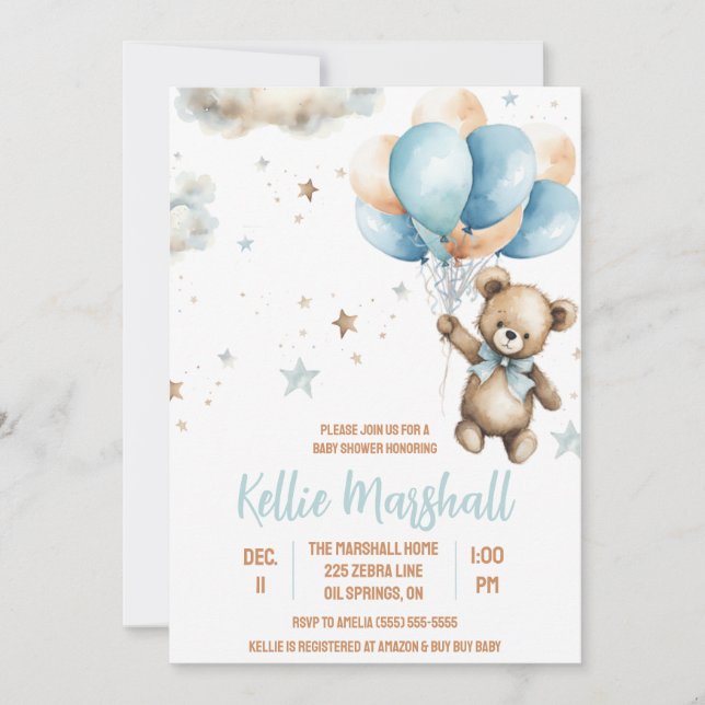 Brunt och blå Nalle med babyskor för ballonger Inbjudningar (Framsida)