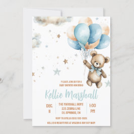 Brunt och blå Nalle med babyskor för ballonger Inbjudningar