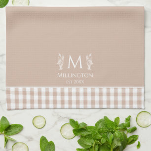 Brunt och vitt Gingham-eget namn Monogram Kökshandduk