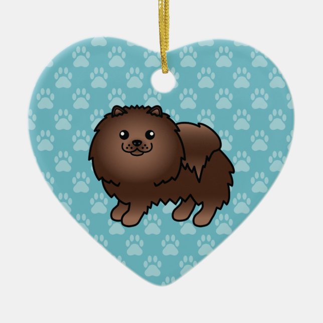 Brunt Pomeranian Hund Serieteckning Illustration Julgransprydnad Keramik (Framsidan)