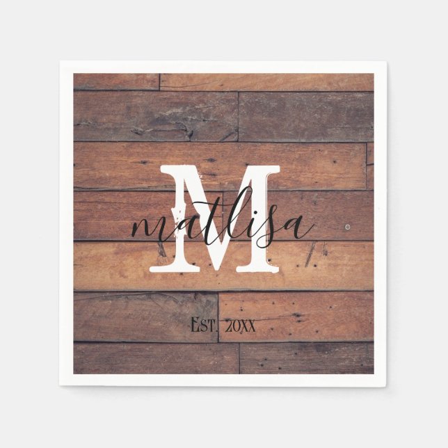 Brunt skript monogram rustikt mönster etablerat  pappersservett (Framsidan)