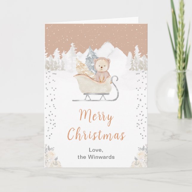 Brunt slädförande björn God Jul Helgkort (Framsida)