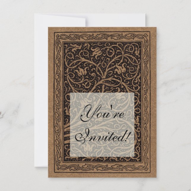 Brunt toolat läder Art nouveau Blommigt Inbjudningar (Framsida)