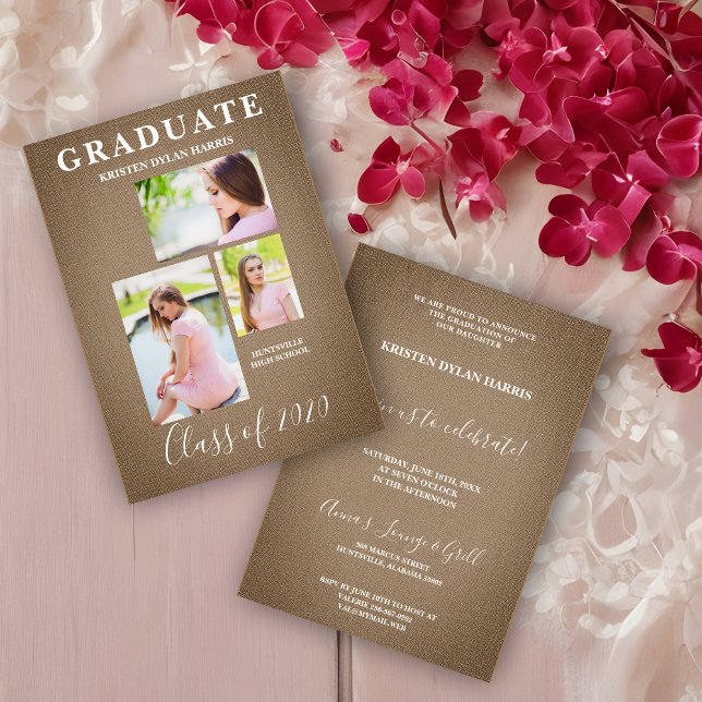 Brunt tre foton Collage Studenten Textil (Brown Modern Three Photos Collage Graduation Linen Effect Fabric Invitation Card.)