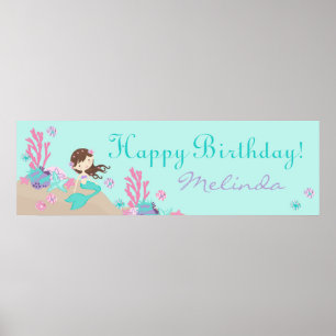 Bruntte Sjöjungfru Birthday Banner Poster