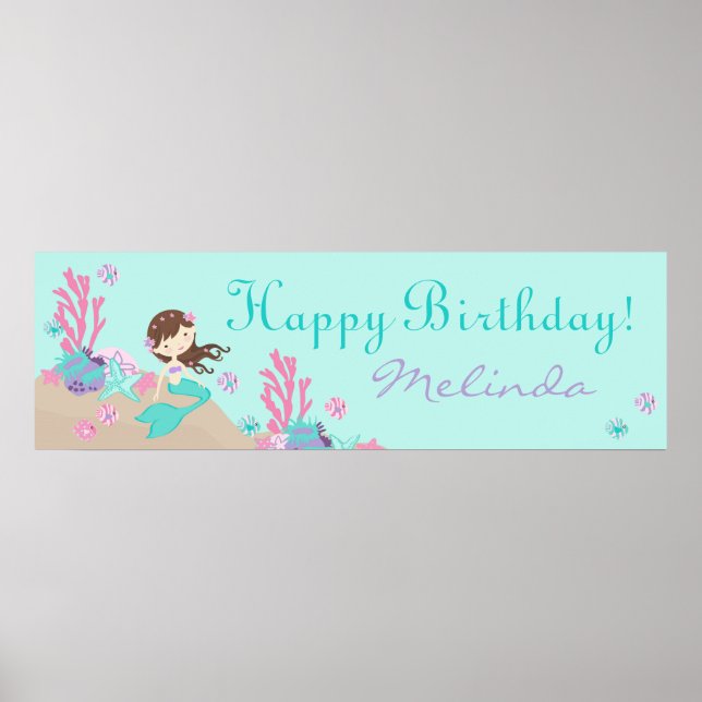 Bruntte Sjöjungfru Birthday Banner Poster (Framsidan)