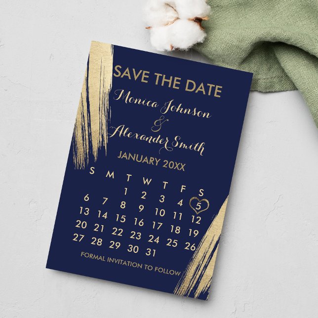 Bruschstrokkalender Guld Bröllop Spara Datumet (Navy Blue Gold Brushstrokes Calendar Wedding Save The Date)