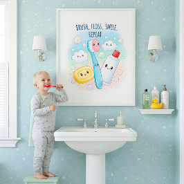 Brush, Floss, Flush, Wash Kids Bathroom Wall Art Poster
