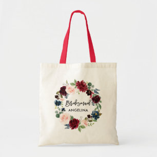 Brush Script Burgundy Blue Blommigt Bridesmaid Tygkasse