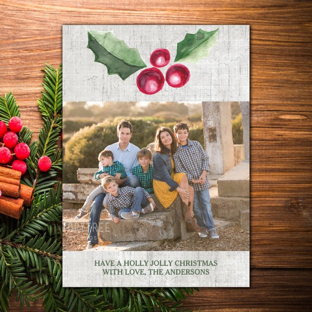 Brushed Holly och Berries Helgdag Photo Julkort (Brushed Holly and Berries Holiday Photo Card)