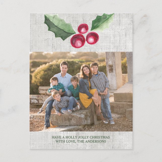 Brushed Holly och Berries Helgdag Photo Postcard Helg Vykort (Framsida)