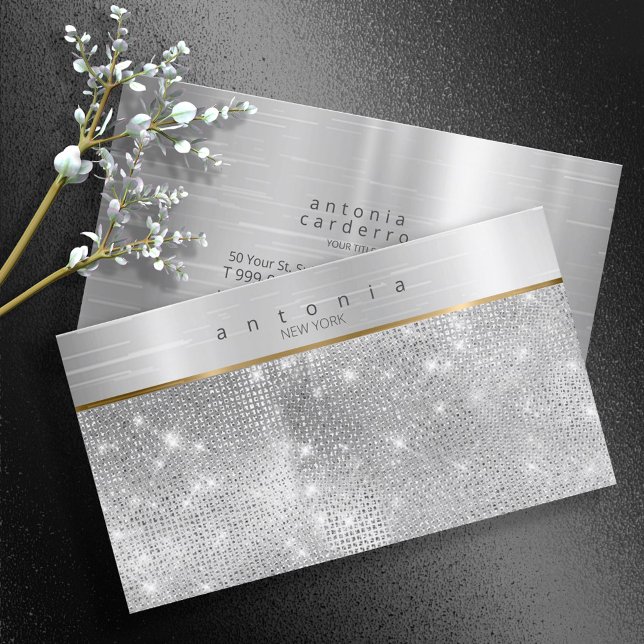 Brushed Metall Band på Glitter Silver ID802 Visitkort (Skapare uppladdad)