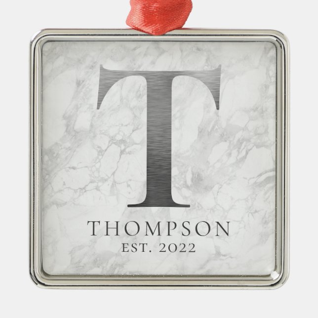 Brushed Metall Silver Monogram T Marble Julgransprydnad Metall (Framsidan)
