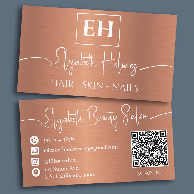 Brushed Metallic Copper Monogrammed QR-kod Visitkort (Skapare uppladdad)