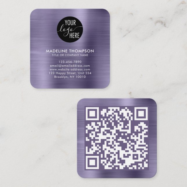 Brushed Metallic Lavender Company Logotyp QR-kod Fyrkantigt Visitkort (Fram/baksida)