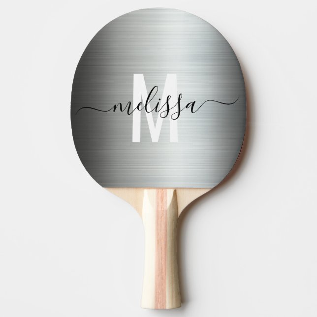 Brushed Silver Metall Monogram Handskript, handskr Pingisracket (Framsidan)