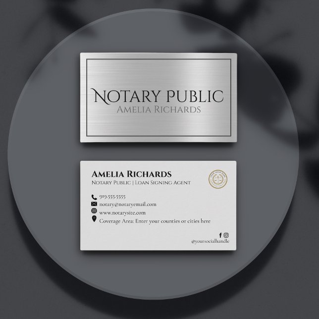 Brushed Silver Metallic Elegant Notary Public Visitkort (Skapare uppladdad)