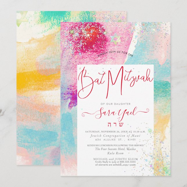 Brushed Watercolor HoloGraph Glitter Mitzvah Inbjudningar (Fram/baksida)